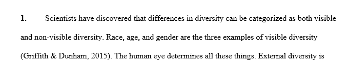 Give three examples of visible diversity and three examples of non-visible diversity. Briefly discuss each example.