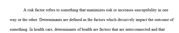 Select a specific disease and outline three risk factors and three determinants associated with that disease.