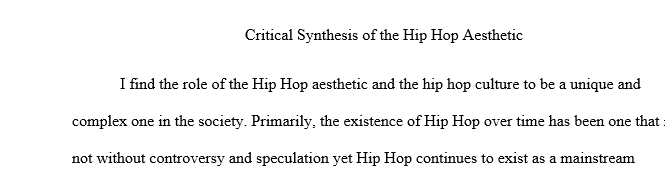 the general purpose of this Critical Synthesis Essay is for you to articulate your take on the Hip Hop Aesthetic