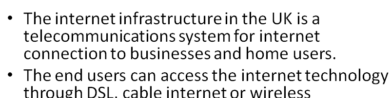 Choose two countries and prepare a presentation that explains their basic Internet infrastructure.