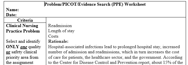 Complete each section of the Problem/PICOT/Evidence (PPE) Worksheet. For the Clinical PICOT Question, use the NR439_Guide for writing PICOT