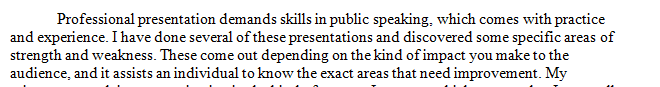 Discuss one personal strength and one weakness you have regarding professional presentations.