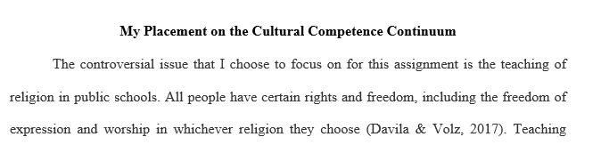 Discuss your own placement on the cultural competence continuum in relation to the controversial issue you chose to write about in this course.