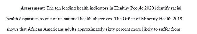 It a scholarly paper based on a nationality/culture that will talk about a specific health disparity of that culture nationality.