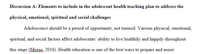 What essential elements should be included in a health teaching plan addressing physical emotional social and spiritual challenges in 