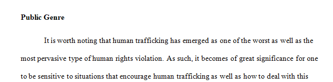 Identify the public genre you think you will use for your discipline awareness project on Human Trafficking.