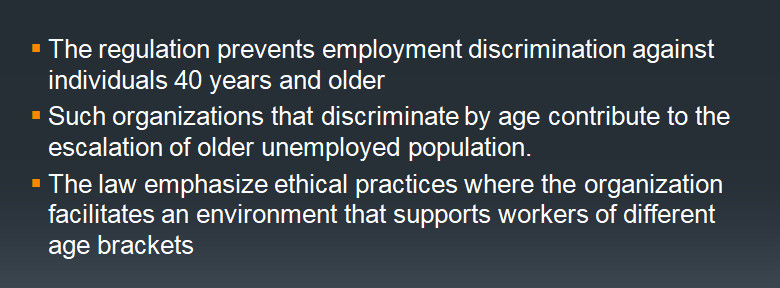 Choose three discrimination laws from the following list that apply to employee recruitment and selection