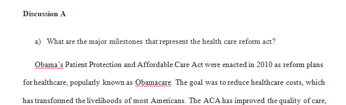 What are the major milestones that represent the health care reform act