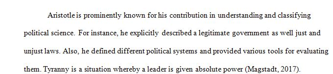 Aristotle defined tyranny as an illegitimate form of government by one individual that tightly controlled every part of life and government.