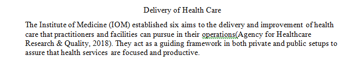 The Institute of Medicine (IOM) developed six specific aims to ensure the delivery and improvement of health care.