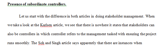 The different ways that the Soh and Singh article propose to do stakeholder management compared to the Karlsen article (SGO7)