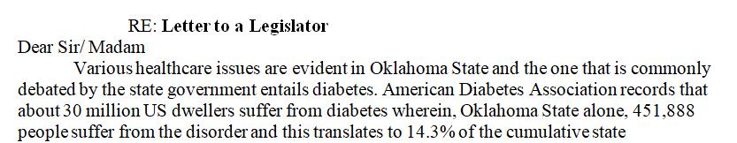 Write a two-page letter to your state or federal representative about a health-care issue currently being discussed debated