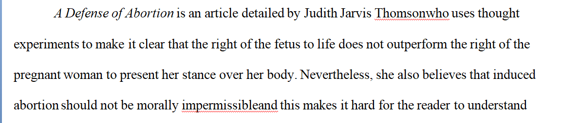 Writing academic summaries of the essays on Judith Jarvis Thomson A defense of abortion