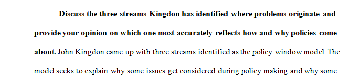 A 2- to 3-page paper evaluating the accuracy of the Kingdon model in policy-making. A 2- to 3-page paper evaluating the accuracy of the Kingdon model in policy-making. 