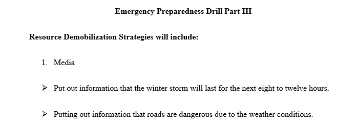 Create a 50-word outline of the final three parts of your learning team's executive summary for review as part of the emergency management scenario.