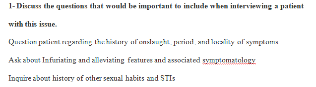 Discuss the questions that would be important to include when interviewing a patient with this issue.