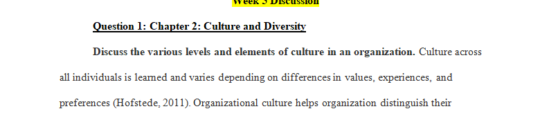 Discuss the various levels and elements of culture in an organization