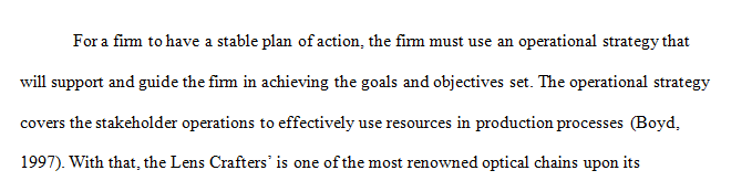 Evaluate LensCrafters’ operations strategy and explain how the organization seeks to gain a competitive advantage in terms of sustainability.