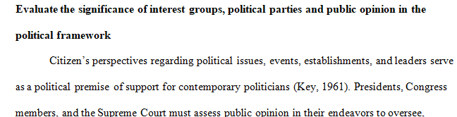 Evaluate the role of public opinion interest groups and political parties in the political system.