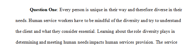 Examine how diversity plays a role in determining and meeting human needs and how this impacts human services. 