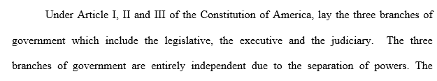 Identify the separation of powers between the three branches of government. Discuss how each branch checks and balances the other branches.