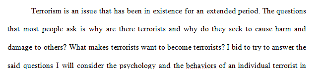 Research paper describing the psychological and behavioral factors of individual terrorists