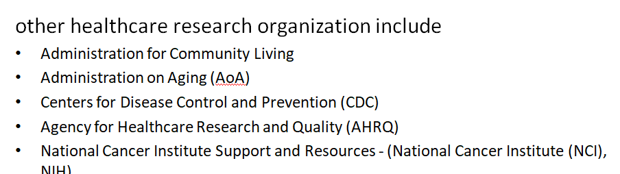 The presentation will include a list of 8 organizations that conduct health care statistical research.