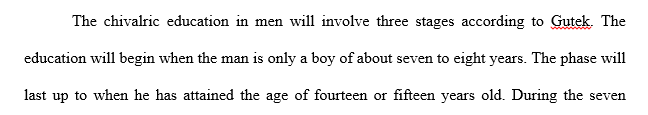 Using Gutek explain the stages of preparation in chivalric education. Do you see the stages as helpful? Compare a male’s education 