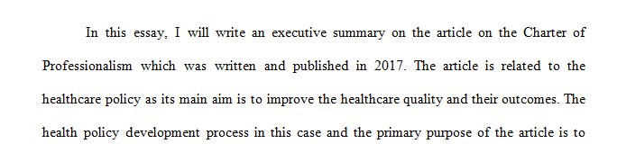 Write an executive summary of a recent (within the past 2 years) article from the CTU online library related to health care policy processes