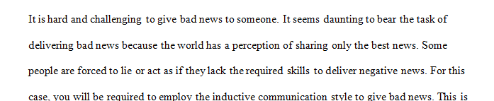 Consider the methods discussed in Chapter 7 Delivering Bad News Messages in BCOM9 (pages 116-136)