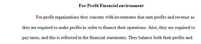 Identify three specific examples of entities with for-profit, not-for-profit, and government financial environments in the health care industry.