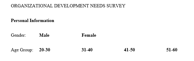 Imagine you are the Talent Management Director of an organization. Create a 12- to 15-question organizational development needs survey