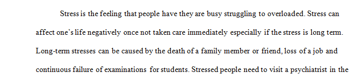 The goal of this project is for each student to establish a 5-6 paged plan to maintain at TW0-THREE effective personal stress management techniques.