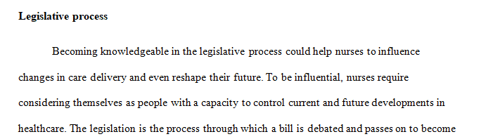 This assessment requires you to describe the legislative process and the role of the nurse as a healthcare policy advocate. 