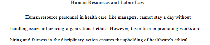 How important is Human Resources in the healthcare organization in order to comply ethically and legally to labor law?