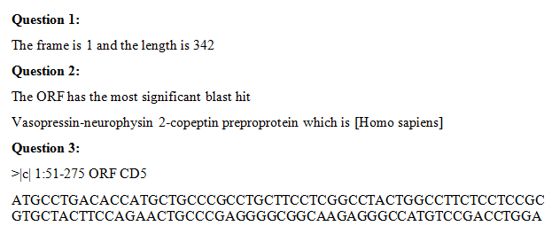 What is the Frame and length of the longest found ORF when running the program under default settings?