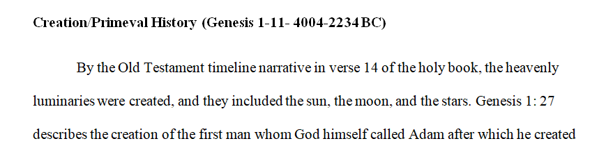 You will write a 1500–2500-word paper that describes in narrative form a timeline of events through the Old Testament (from Genesis to Malachi).