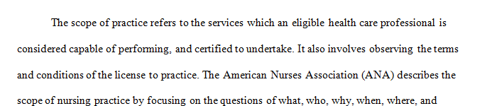 Discussion board  Scope of Nursing Practice (30 points)- note that what is in bold should be your topic for this assignment and from your readings.