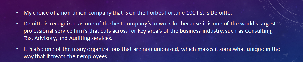 Research a non-union company on the Fortune 100 Best Companies to Work For List. 