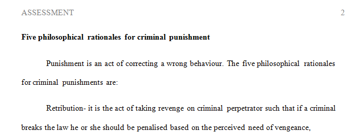 What are the five philosophical rationales for criminal punishment