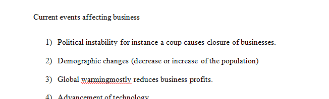 List on a separate sheet of paper five significant current events that are affecting the business environment