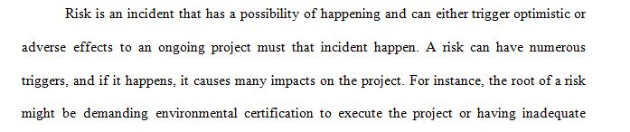 The Individual Risk Management Plan for your project must apply risk management processes learned 