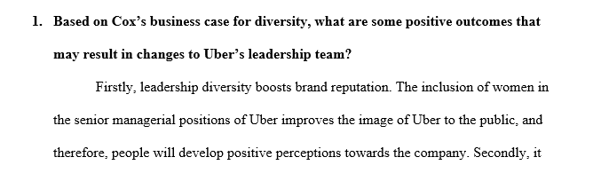 Based on Cox’s business case for diversity, what are some positive outcomes that may result in changes to Uber’s leadership team?