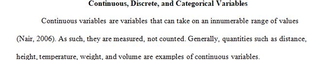 Name five continuous, five discrete, and five categorical variables.