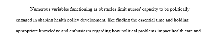 What are the barriers to nurses' participation in the development of health care policy at the state or national level or in an organization in the United States?