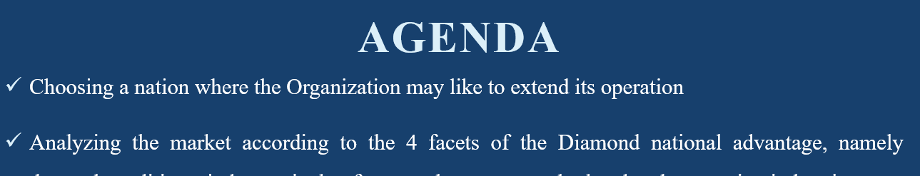 Choose 1 country that the organization you’ve been working on in this course could consider expanding into.