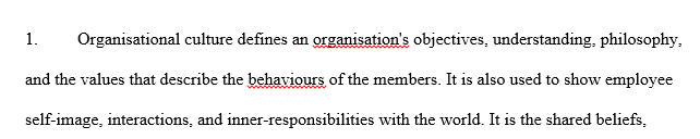 Explain what is meant by Organisational Culture and discuss why a manager should have a good understanding of the culture 