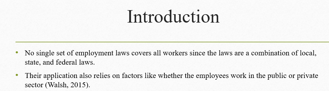 Provide a three-slide minimum covering at least six strong bullet points highlighting a discussion on the concept of employment discrimination.