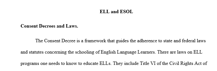 Students will research and discuss the Consent Decree, laws, policies, rules and regulations of ESOL.